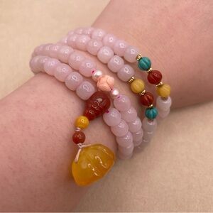 108 Pink Beaded Jade Necklace with Amber Lotus Seedpot and multiple gems